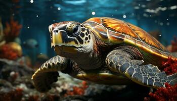 en peligro de extinción mar Tortuga nadando en tropical azul aguas generado por ai foto