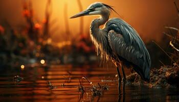 Gray heron standing in water, reflecting the beauty of nature generated by AI photo