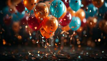 cumpleaños fiesta con vistoso globos, papel picado, y alegre celebracion generado por ai foto