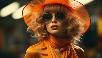 Beautiful woman with blond hair and sunglasses, looking at camera generated by AI photo