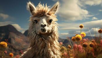 linda alpaca pasto en prado, rodeado por hermosa naturaleza generado por ai foto