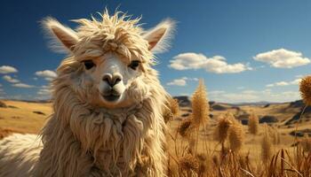 Fluffy alpaca in rural landscape, looking at camera, sunset beauty generated by AI photo