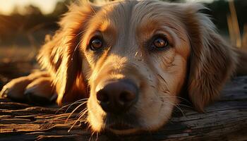 Cute puppy sitting outdoors, looking at nature beauty generated by AI photo