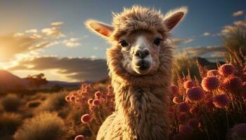 linda alpaca sonriente, mirando a cámara, en hermosa rural paisaje generado por ai foto
