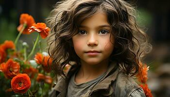 sonriente niña con Rizado marrón cabello, inocencia en naturaleza belleza generado por ai foto