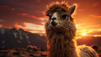 Alpaca grazing on a farm, bathed in sunset golden sunlight generated by AI photo