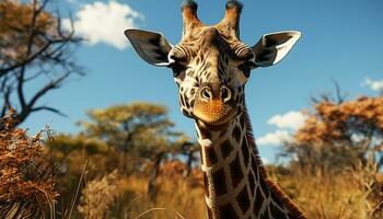Giraffe standing in the savannah, looking at camera, surrounded by wildlife generated by AI photo