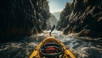 Men kayaking in nature, exploring extreme terrain, enjoying recreational pursuit generated by AI photo