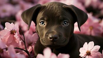 Cute puppy sitting in grass, looking at camera with flowers generated by AI photo