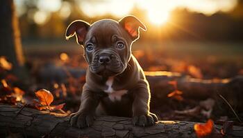 Cute puppy sitting in autumn forest, looking at camera playfully generated by AI photo