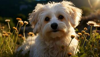 Cute puppy sitting in the grass, looking at the camera generated by AI photo