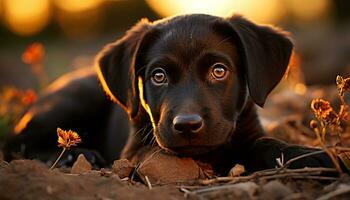 A cute puppy sitting in the grass, looking at camera generated by AI photo