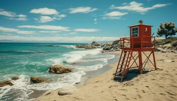 Sunset over the tranquil coastline, lifeguard hut stands as a beacon generated by AI photo