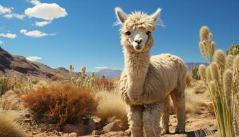 Cute alpaca smiling, looking at camera, in beautiful nature landscape generated by AI photo