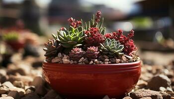 Fresh green succulent plant grows in small terracotta flower pot generated by AI photo