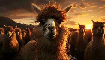 A beautiful sunset over a rural farm with grazing alpacas generated by AI photo