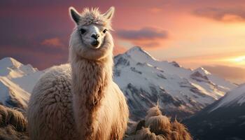 Alpaca grazing on snowy mountain, woolly and cute, smiling at camera generated by AI photo