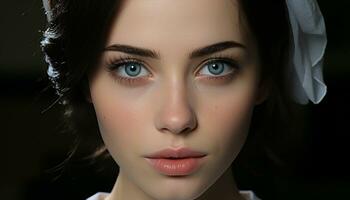 A beautiful woman with brown hair and green eyes smiling generated by AI photo