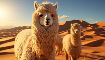 Alpaca, mammal, farm, outdoors, livestock, wool, mountain, landscape, rural scene generated by AI photo