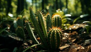 Green leaf growth outdoors, sharp thorn on succulent plant generated by AI photo