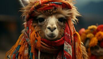 un linda alpaca, adornado en vistoso lana, mira a el cámara generado por ai foto