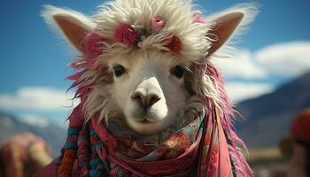 A cute alpaca, with fur as soft as wool, smiles generated by AI photo