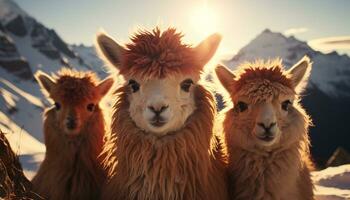 un mullido alpaca sonrisas, mirando a cámara en el prado generado por ai foto