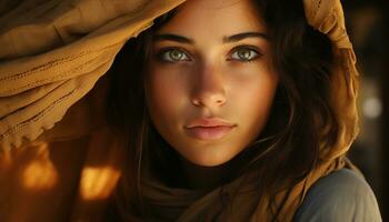un hermosa joven mujer con marrón pelo mirando a cámara generado por ai foto