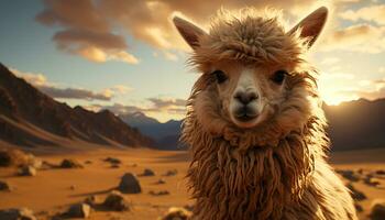 un linda alpaca en el granja, mirando a el puesta de sol generado por ai foto