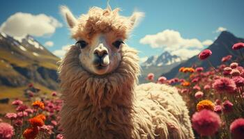 A cute alpaca smiles, grazing in a green mountain meadow generated by AI photo