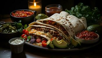 A la parrilla carne de vaca taco con guacamole, tomate, y cilantro en tortilla generado por ai foto