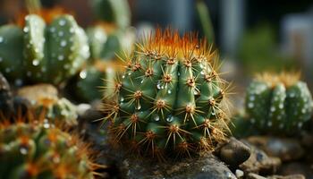 Green thorn, spiked leaf, sharp needle, beauty in nature, small flower generated by AI photo