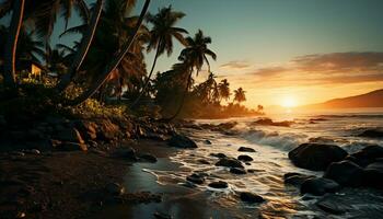 A tranquil scene of a tropical coastline at sunset generated by AI photo