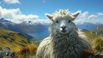 un linda alpaca roza en el verde montaña prado, tranquilidad generado por ai foto