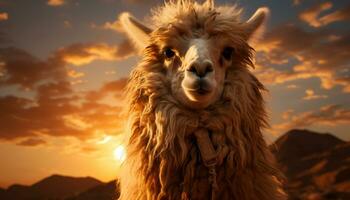 Fluffy alpaca, backlit by sunset, gazes at camera in nature generated by AI photo