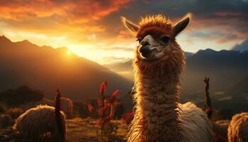 Alpaca grazing, smiling, fur shining, in nature beautiful landscape generated by AI photo