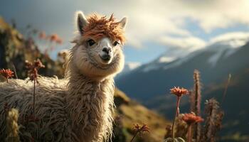 Cute alpaca grazing in green meadow, looking at camera generated by AI photo