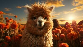 Cute alpaca grazing in a green meadow under the sunset generated by AI photo