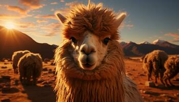 Alpaca grazing on grass, mountain backdrop, nature beauty in rural scene generated by AI photo