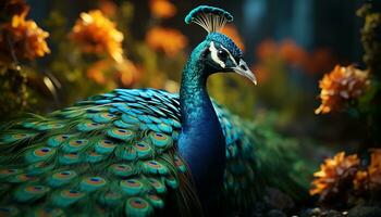 majestuoso pavo real muestra vibrante elegancia en naturaleza belleza generado por ai foto