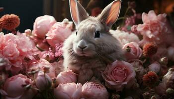 linda bebé Conejo sentado en rosado flor ramo de flores generado por ai foto