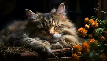 Cute kitten sleeping, fluffy fur, nature beauty in one generated by AI photo