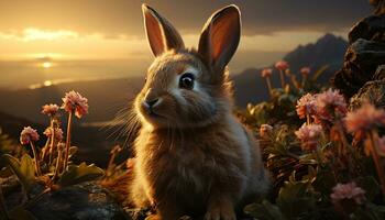 Fluffy baby rabbit sitting in grass, enjoying sunset generated by AI photo