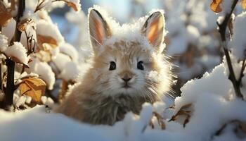 Cute kitten playing in the snow, looking at camera generated by AI photo