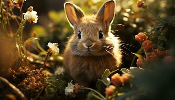 Cute rabbit sitting in grass, looking at sunlight outdoors generated by AI photo