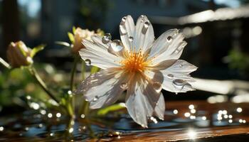 A tranquil scene of a single flower in a vase generated by AI photo