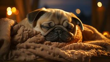 Cute small puppy, purebred pug, sleeping, wrinkled, indoors, playful generated by AI photo