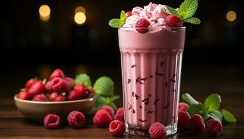 Raspberry fruit dessert, freshness in yogurt drink, berry gourmet cocktail generated by AI photo