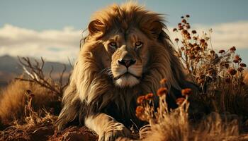 majestuoso león descansando en el sabana, ocultación en el césped generado por ai foto