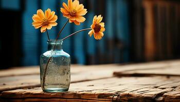 A rustic table with a vase of fresh flowers outdoors generated by AI photo